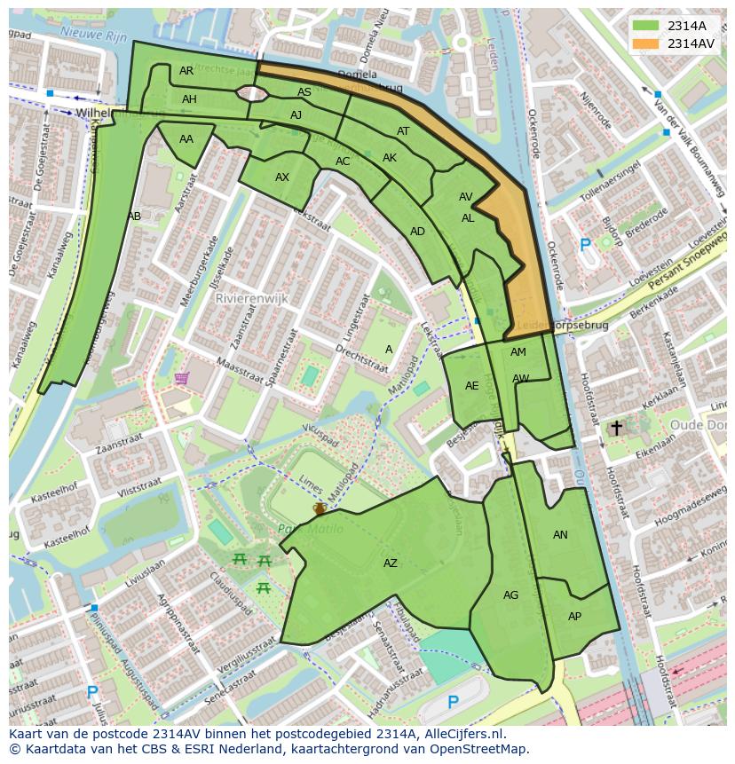 Afbeelding van het postcodegebied 2314 AV op de kaart.