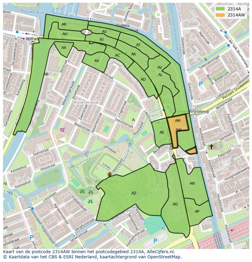 Afbeelding van het postcodegebied 2314 AW op de kaart.