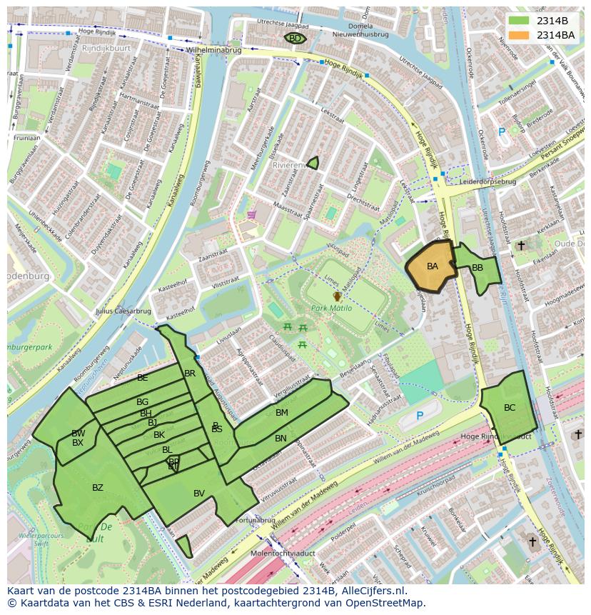 Afbeelding van het postcodegebied 2314 BA op de kaart.