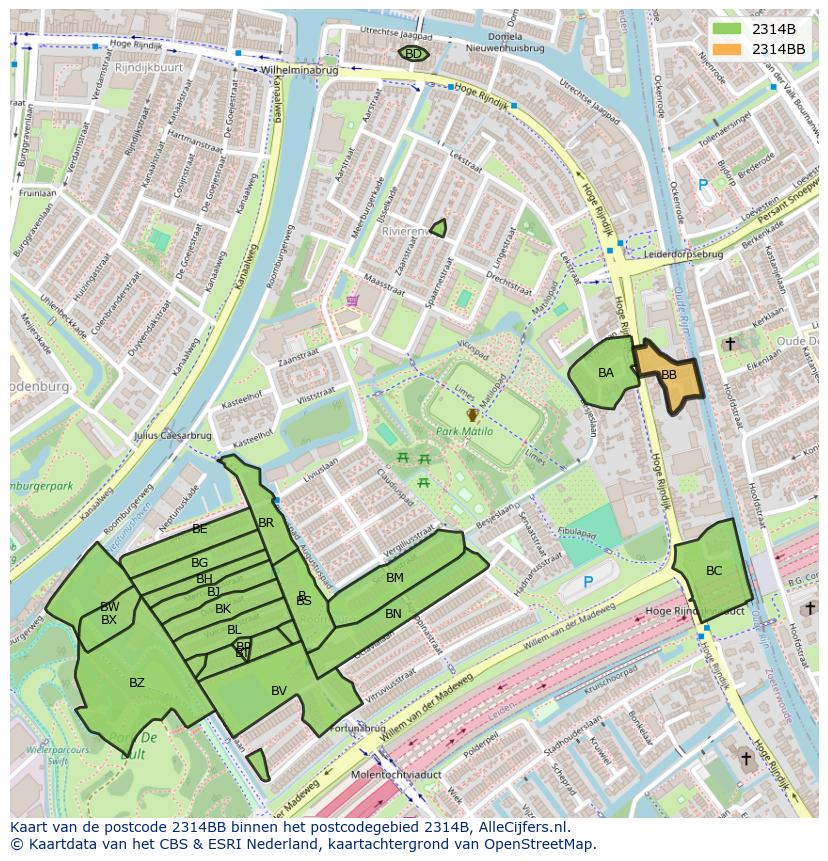 Afbeelding van het postcodegebied 2314 BB op de kaart.