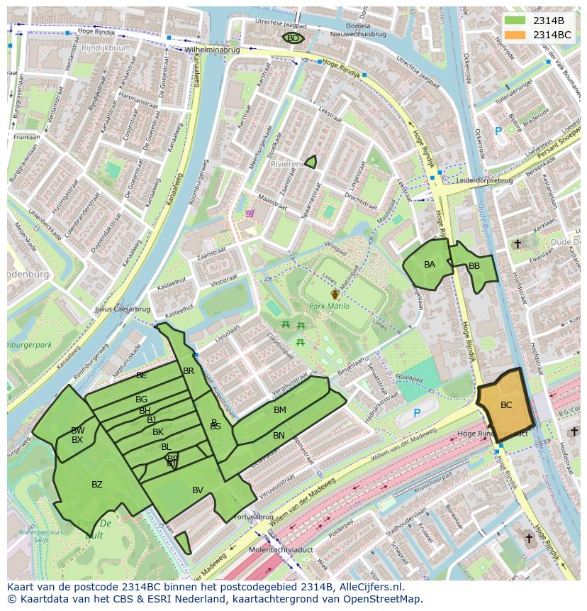 Afbeelding van het postcodegebied 2314 BC op de kaart.