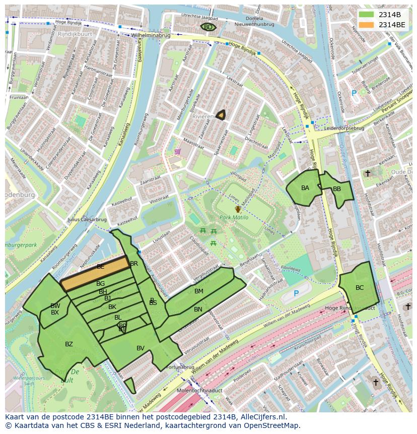 Afbeelding van het postcodegebied 2314 BE op de kaart.
