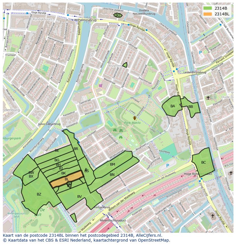 Afbeelding van het postcodegebied 2314 BL op de kaart.
