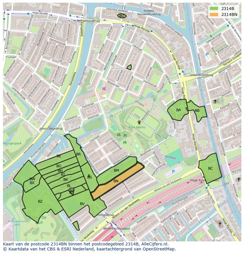 Afbeelding van het postcodegebied 2314 BN op de kaart.