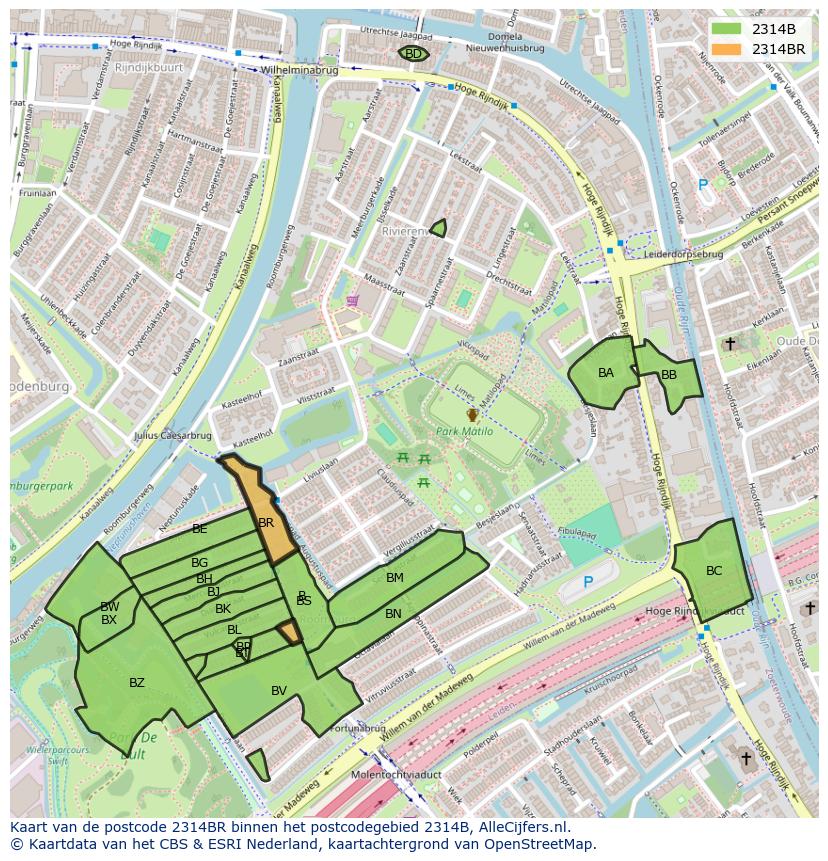 Afbeelding van het postcodegebied 2314 BR op de kaart.