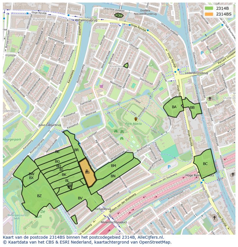 Afbeelding van het postcodegebied 2314 BS op de kaart.