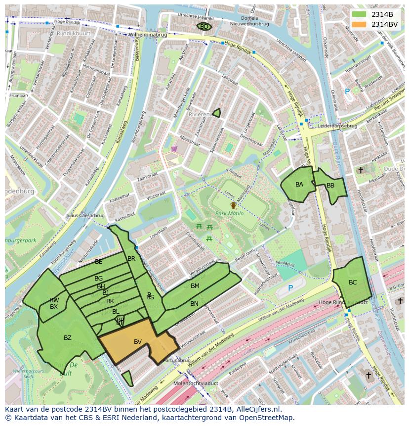 Afbeelding van het postcodegebied 2314 BV op de kaart.