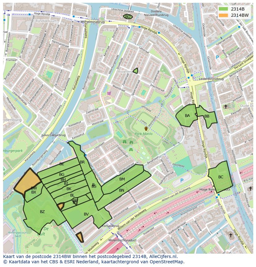 Afbeelding van het postcodegebied 2314 BW op de kaart.