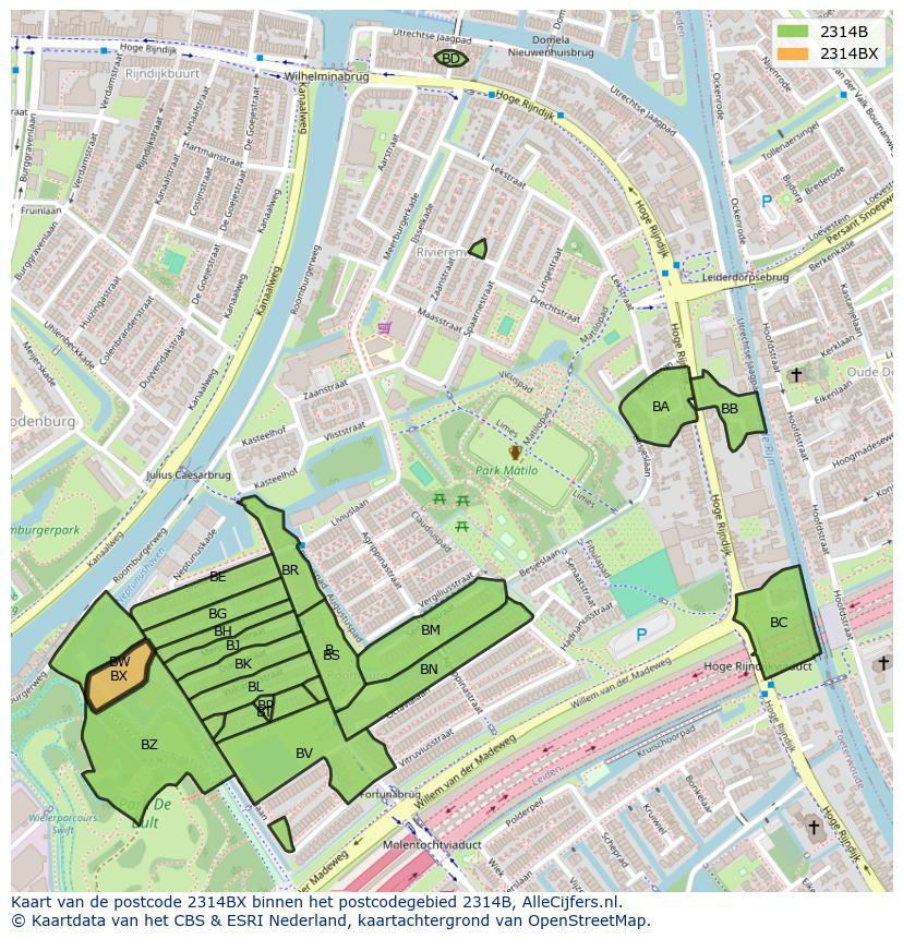 Afbeelding van het postcodegebied 2314 BX op de kaart.