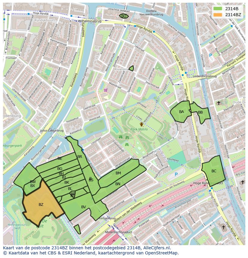 Afbeelding van het postcodegebied 2314 BZ op de kaart.