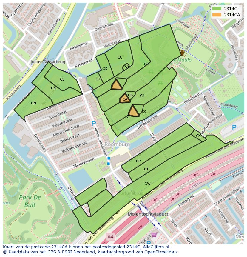 Afbeelding van het postcodegebied 2314 CA op de kaart.
