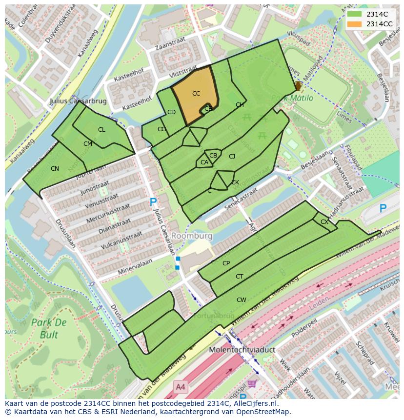 Afbeelding van het postcodegebied 2314 CC op de kaart.