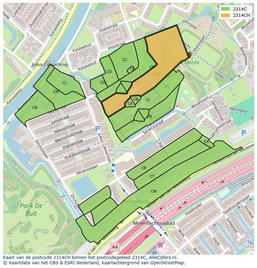 Afbeelding van het postcodegebied 2314 CH op de kaart.