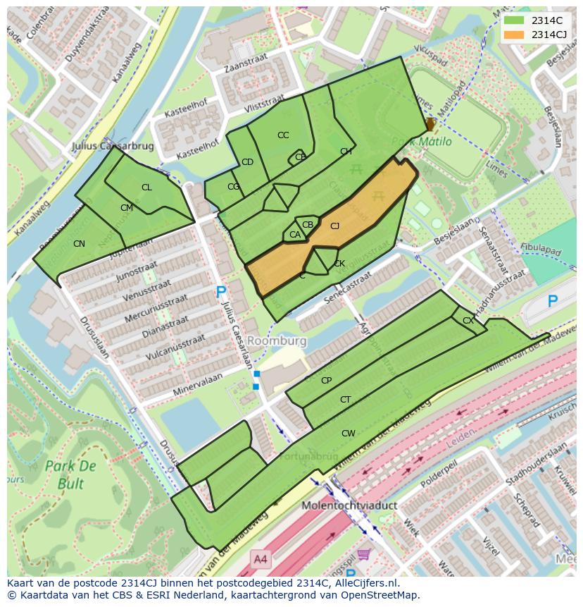 Afbeelding van het postcodegebied 2314 CJ op de kaart.