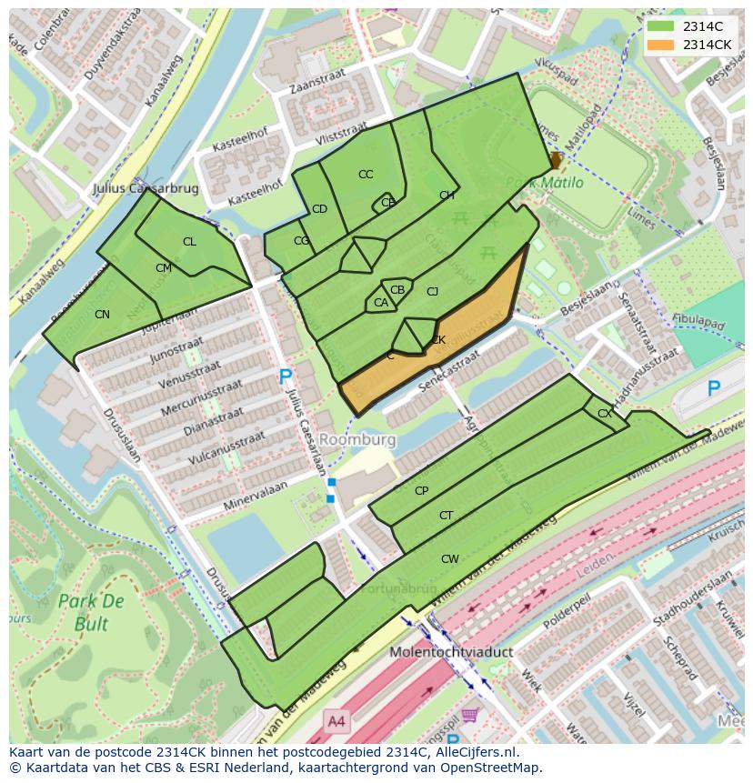 Afbeelding van het postcodegebied 2314 CK op de kaart.