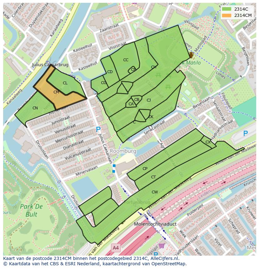 Afbeelding van het postcodegebied 2314 CM op de kaart.