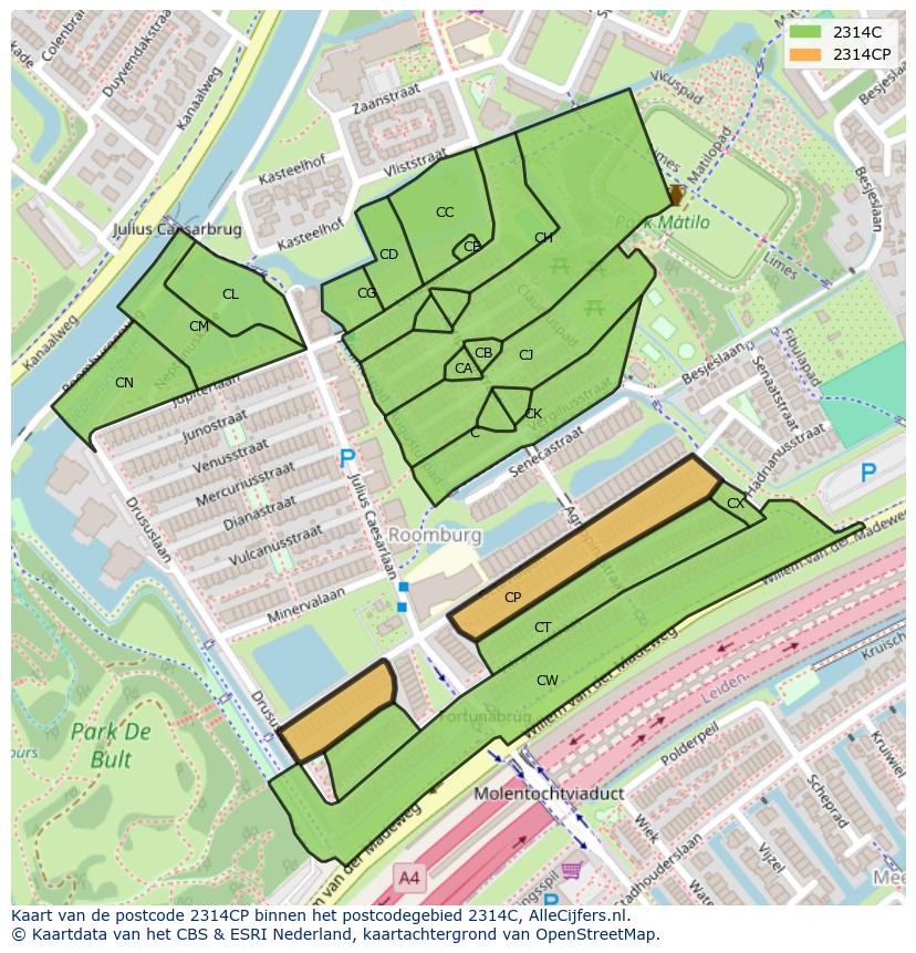 Afbeelding van het postcodegebied 2314 CP op de kaart.