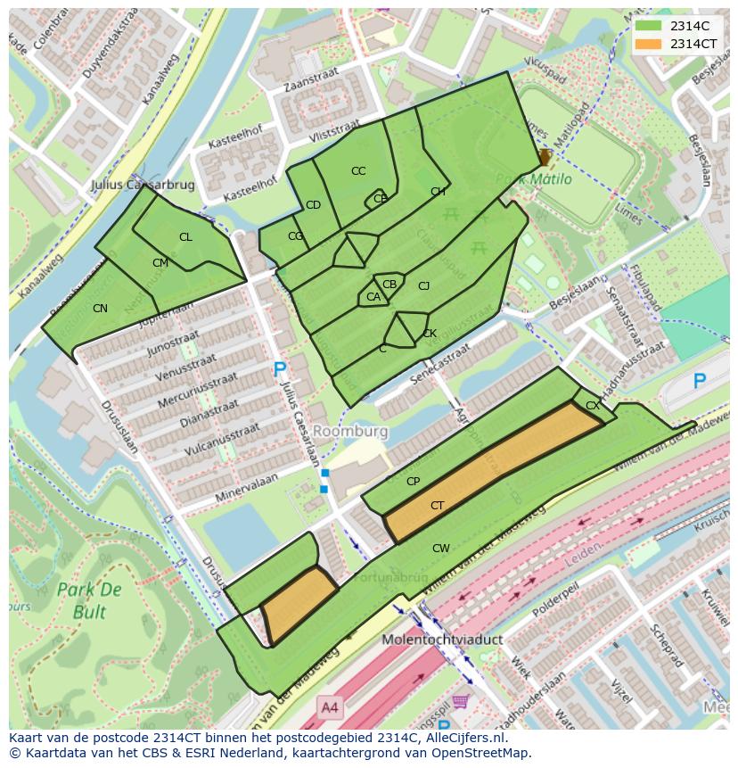 Afbeelding van het postcodegebied 2314 CT op de kaart.