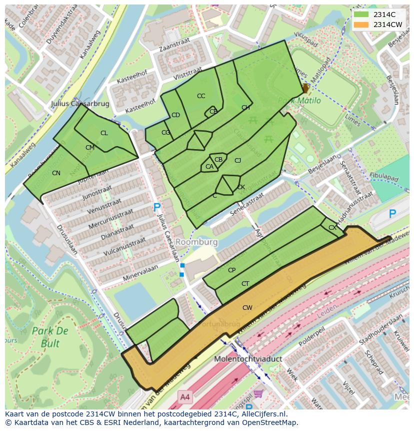 Afbeelding van het postcodegebied 2314 CW op de kaart.