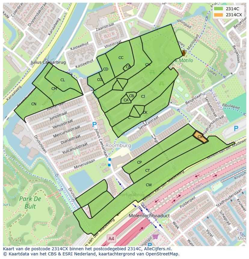 Afbeelding van het postcodegebied 2314 CX op de kaart.