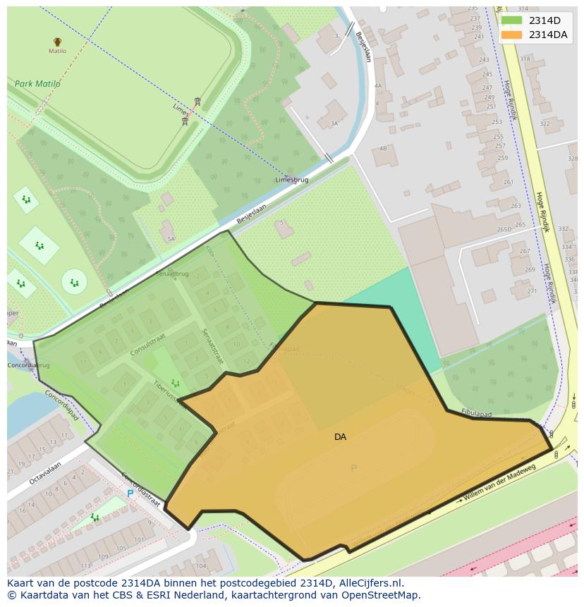 Afbeelding van het postcodegebied 2314 DA op de kaart.