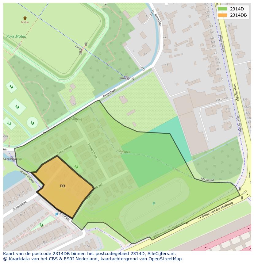 Afbeelding van het postcodegebied 2314 DB op de kaart.