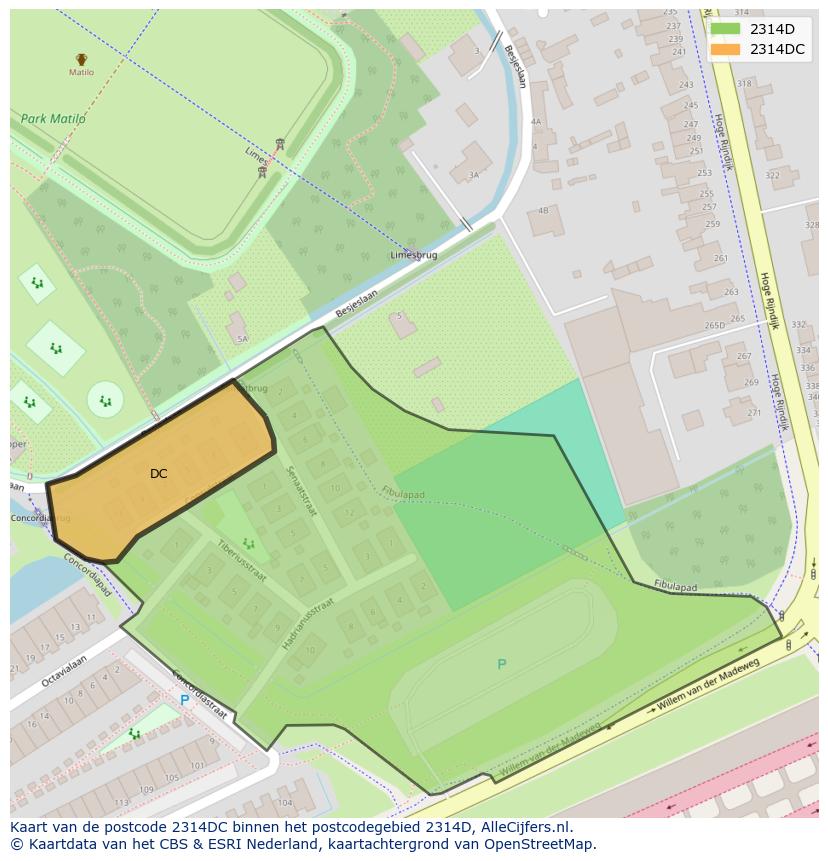 Afbeelding van het postcodegebied 2314 DC op de kaart.