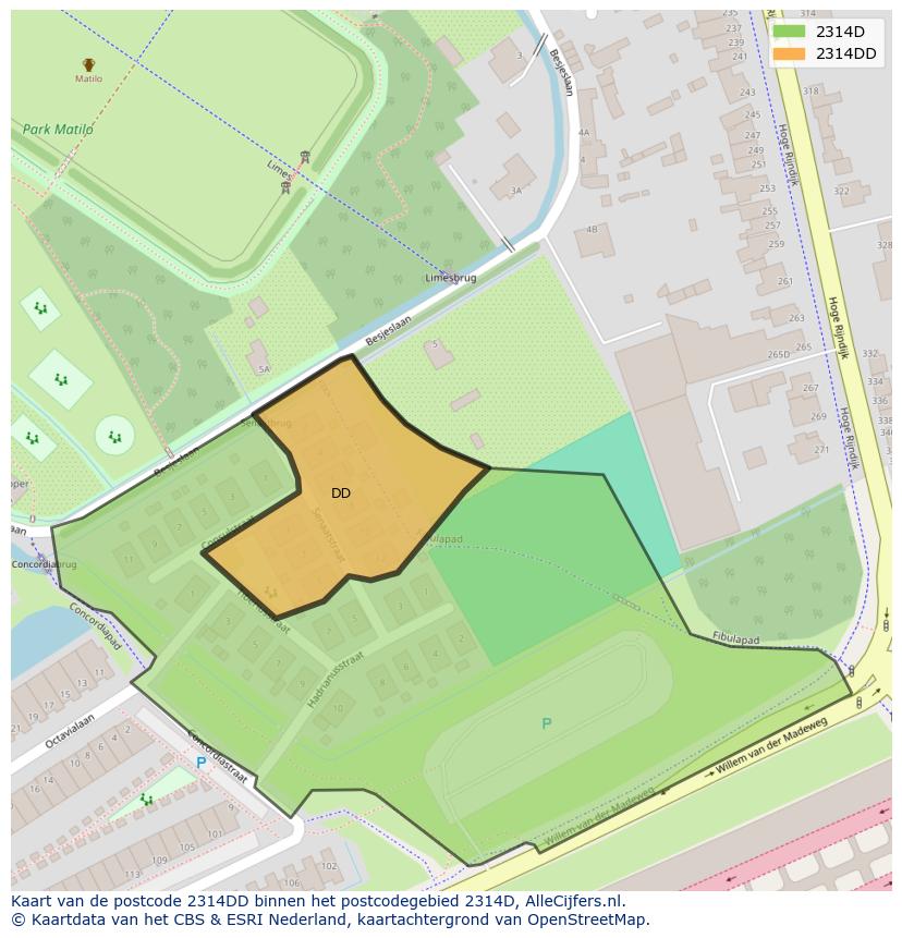 Afbeelding van het postcodegebied 2314 DD op de kaart.