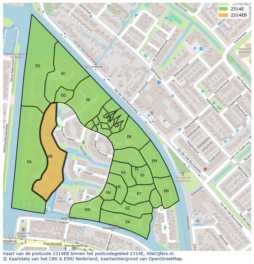 Afbeelding van het postcodegebied 2314 EB op de kaart.