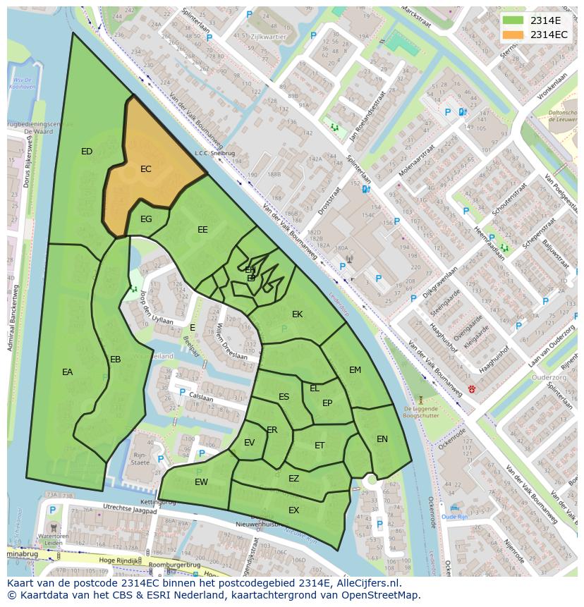 Afbeelding van het postcodegebied 2314 EC op de kaart.
