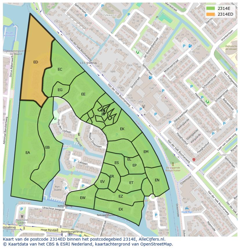 Afbeelding van het postcodegebied 2314 ED op de kaart.