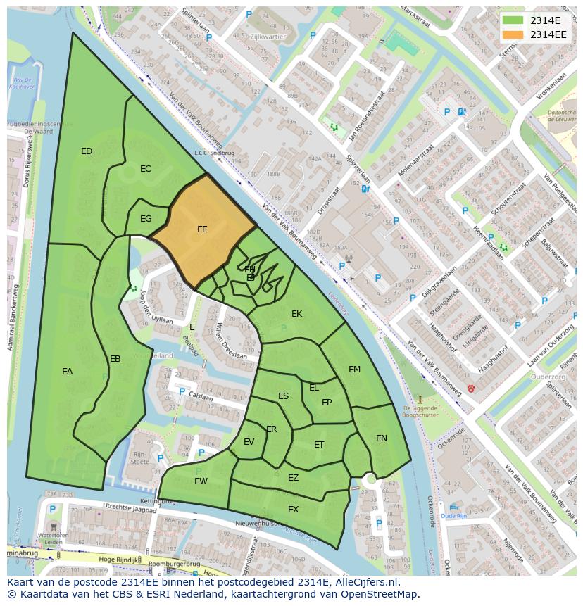 Afbeelding van het postcodegebied 2314 EE op de kaart.