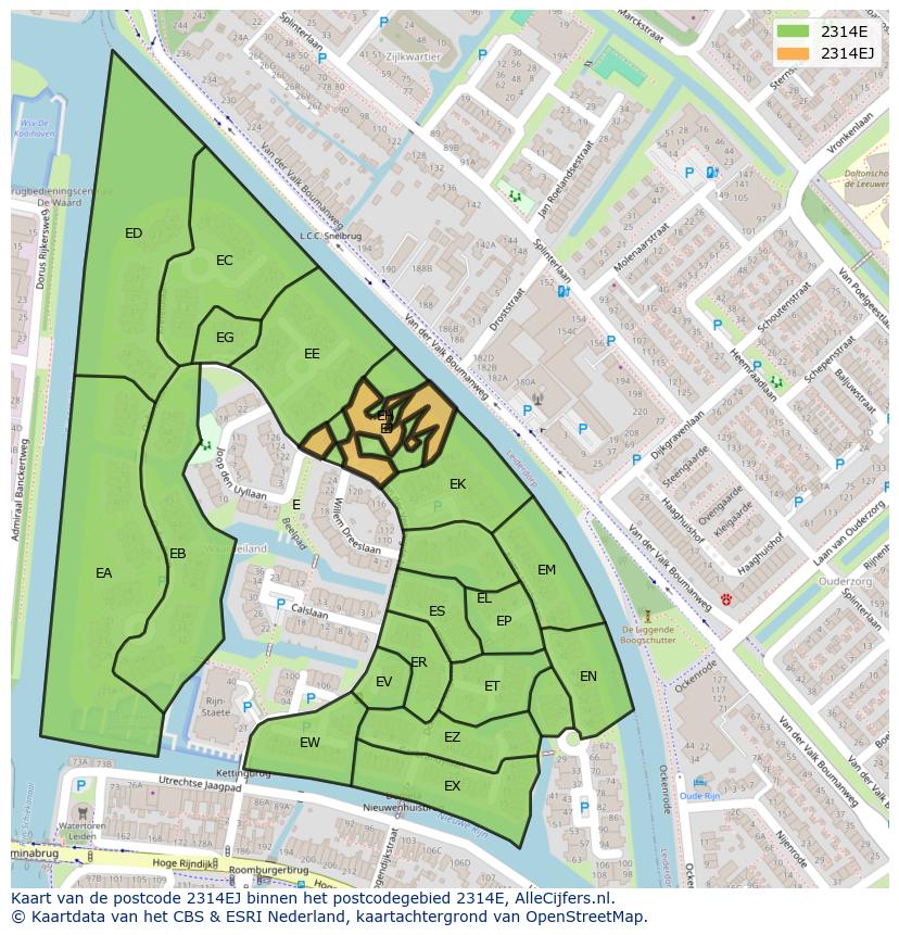 Afbeelding van het postcodegebied 2314 EJ op de kaart.