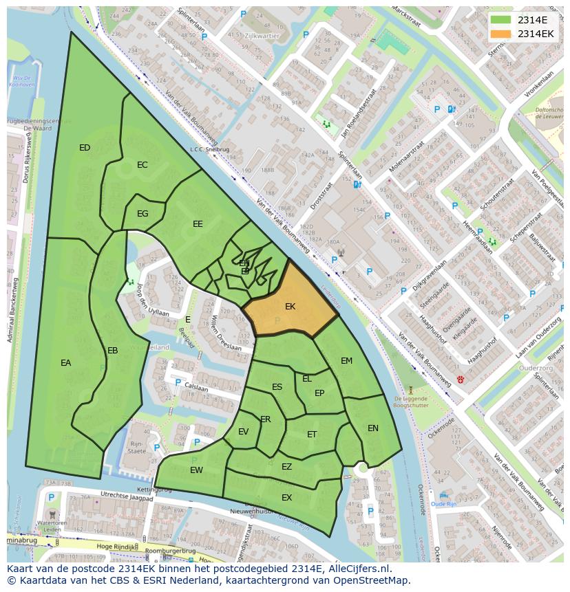 Afbeelding van het postcodegebied 2314 EK op de kaart.