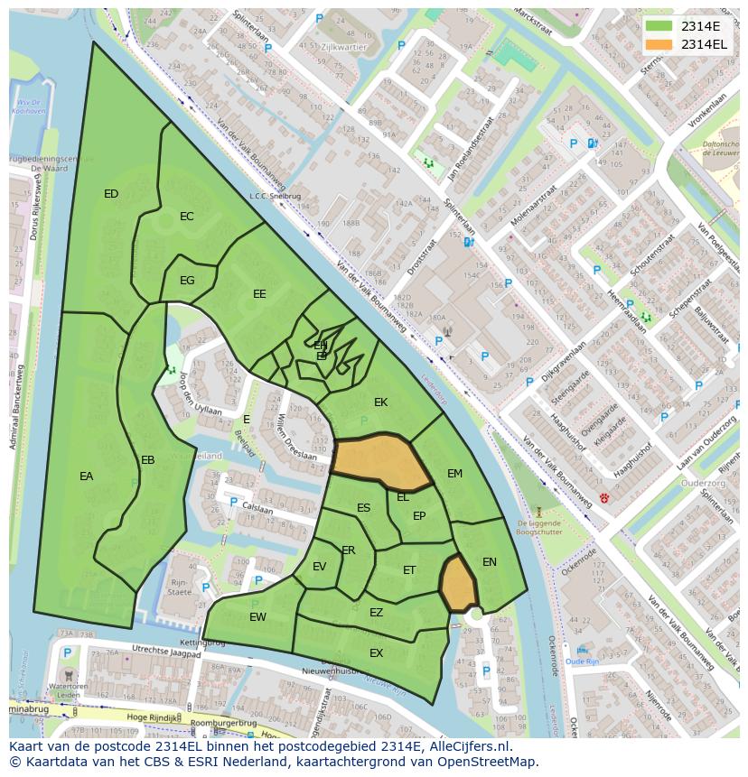 Afbeelding van het postcodegebied 2314 EL op de kaart.
