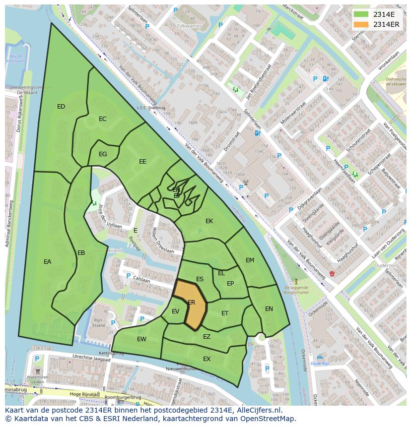 Afbeelding van het postcodegebied 2314 ER op de kaart.
