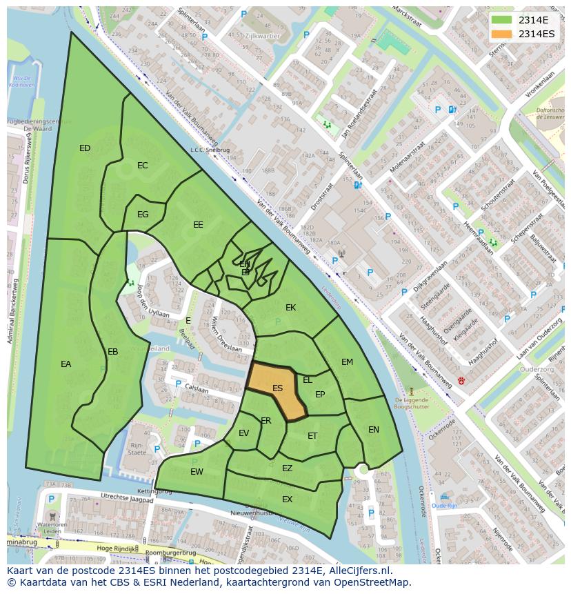 Afbeelding van het postcodegebied 2314 ES op de kaart.