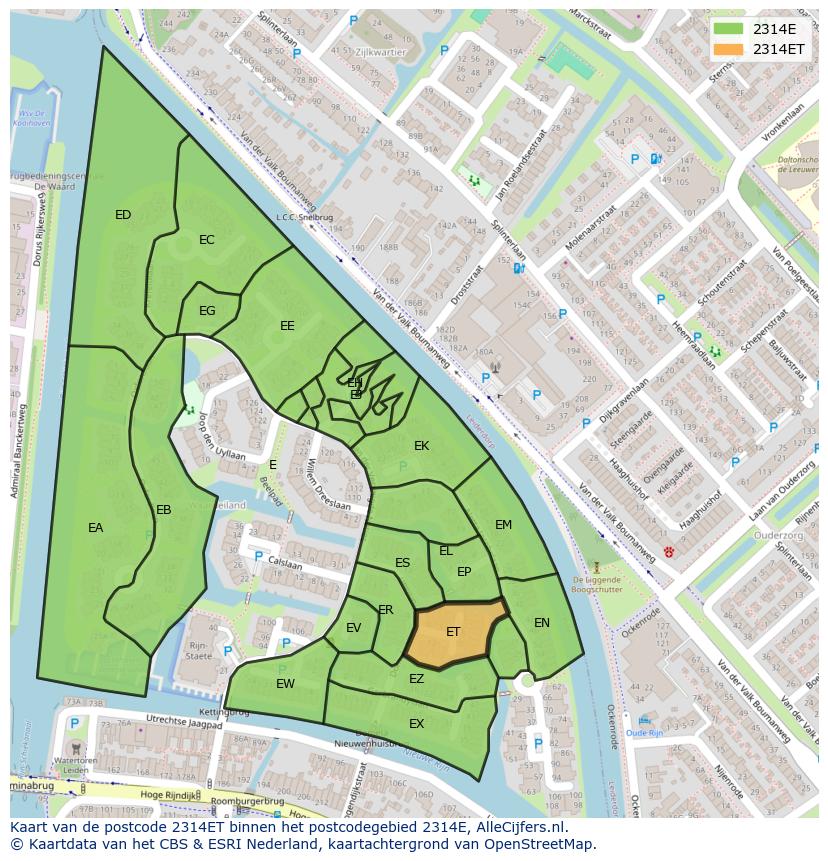 Afbeelding van het postcodegebied 2314 ET op de kaart.