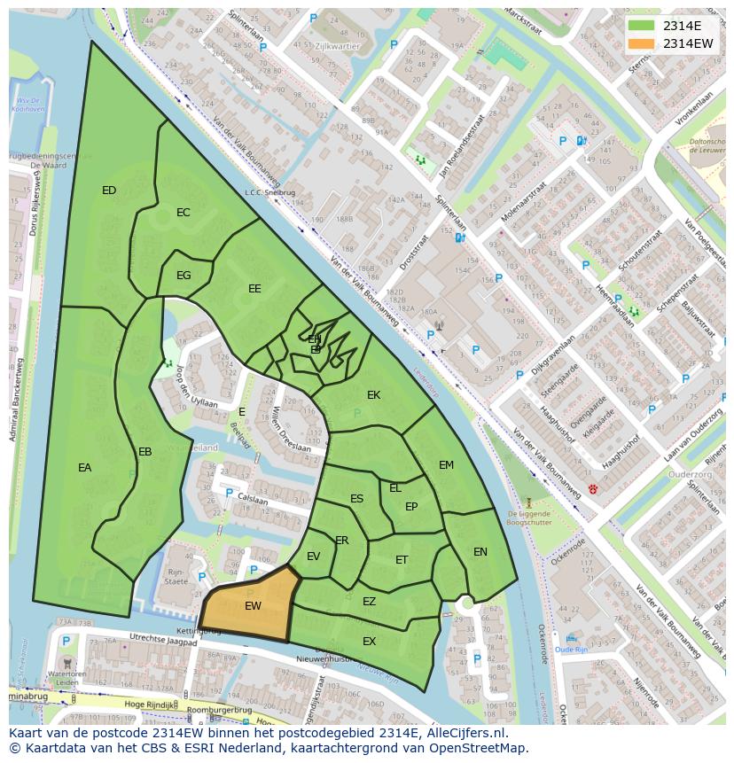 Afbeelding van het postcodegebied 2314 EW op de kaart.