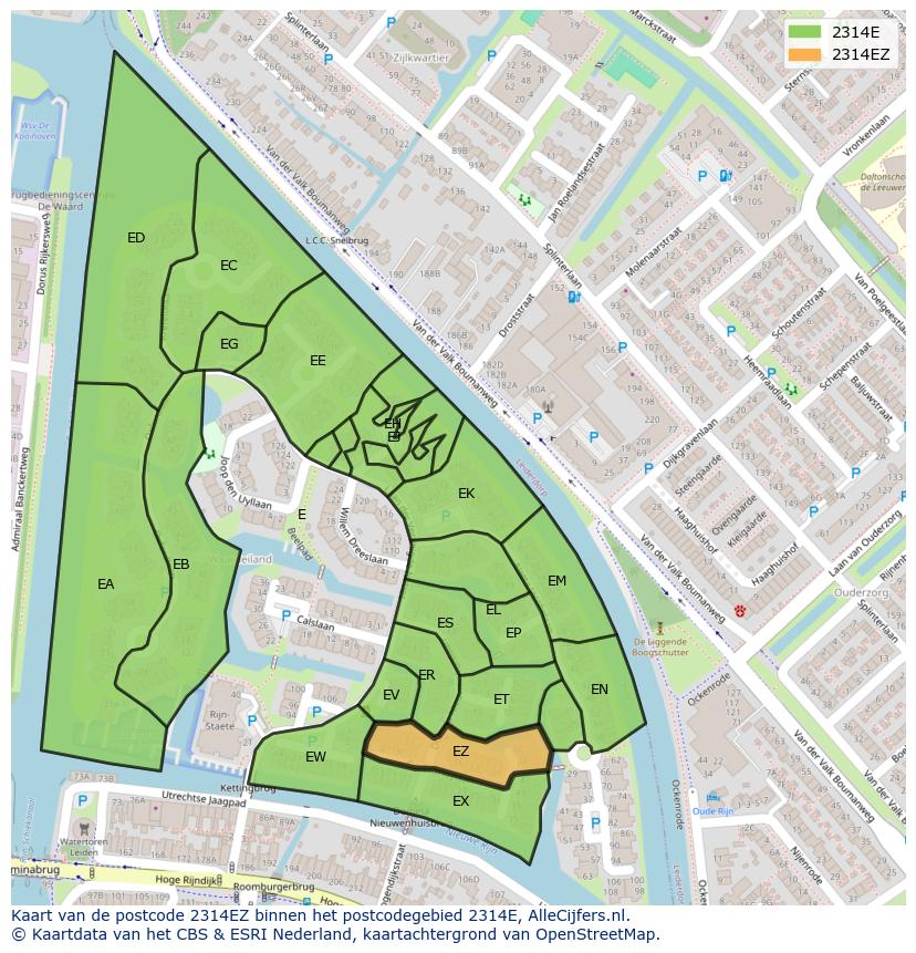 Afbeelding van het postcodegebied 2314 EZ op de kaart.