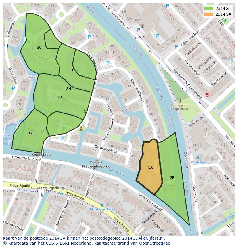 Afbeelding van het postcodegebied 2314 GA op de kaart.