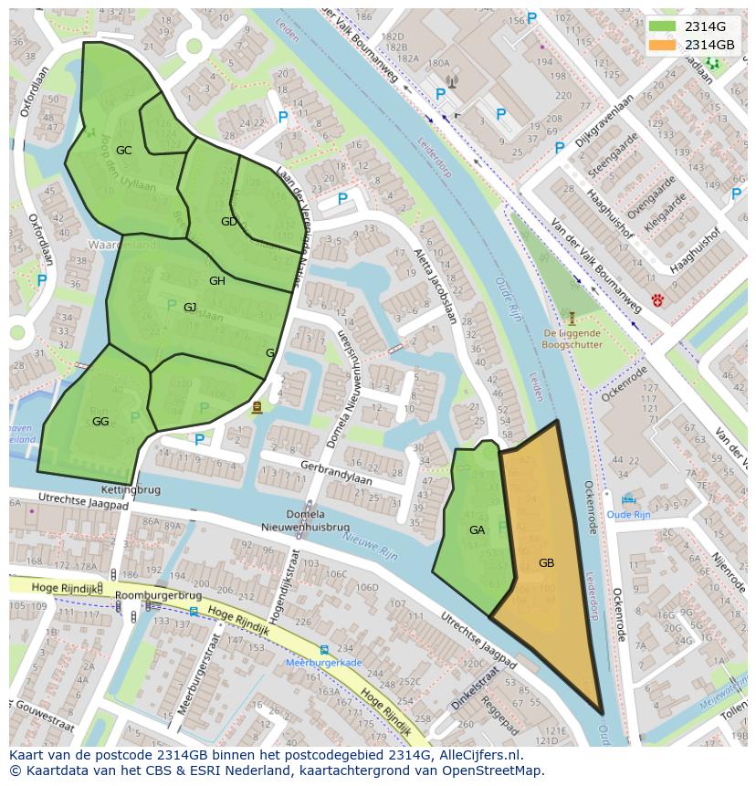 Afbeelding van het postcodegebied 2314 GB op de kaart.