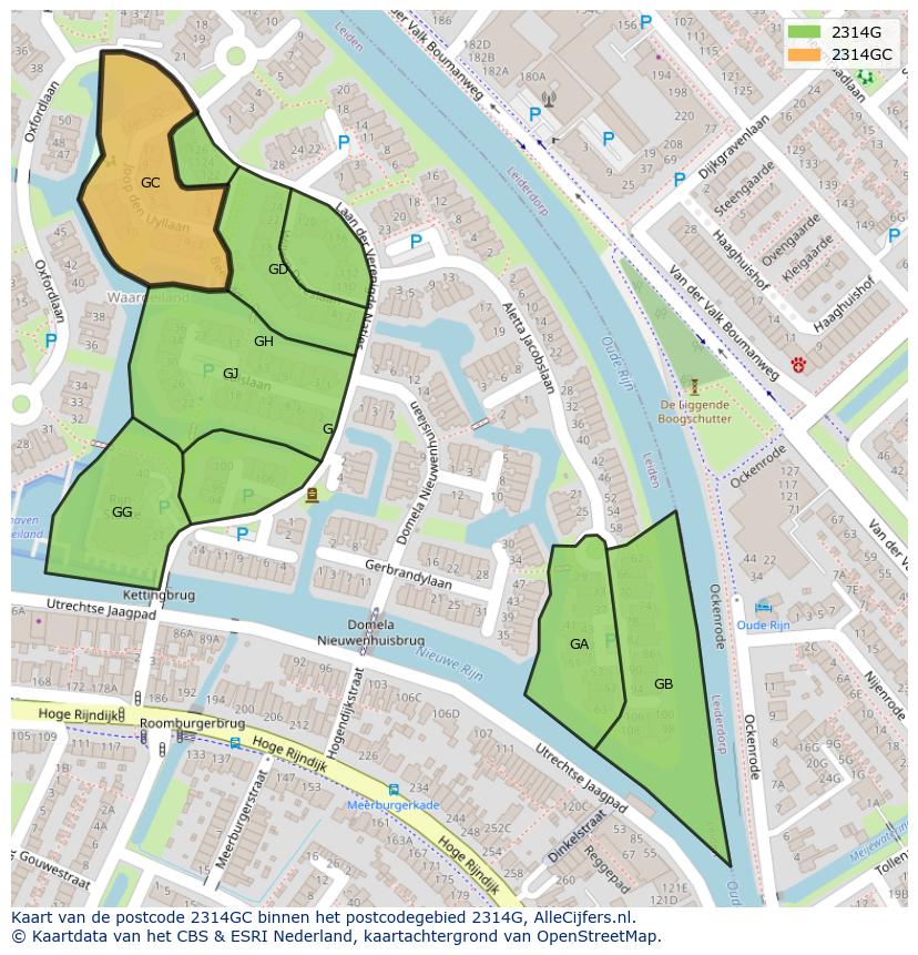 Afbeelding van het postcodegebied 2314 GC op de kaart.