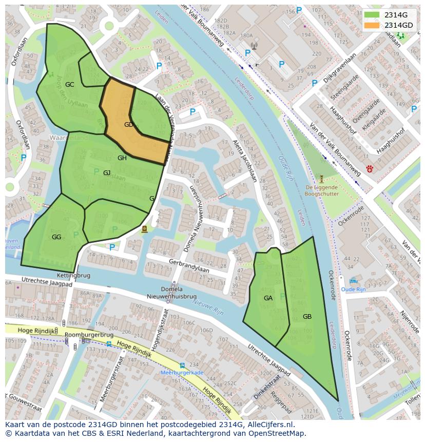 Afbeelding van het postcodegebied 2314 GD op de kaart.