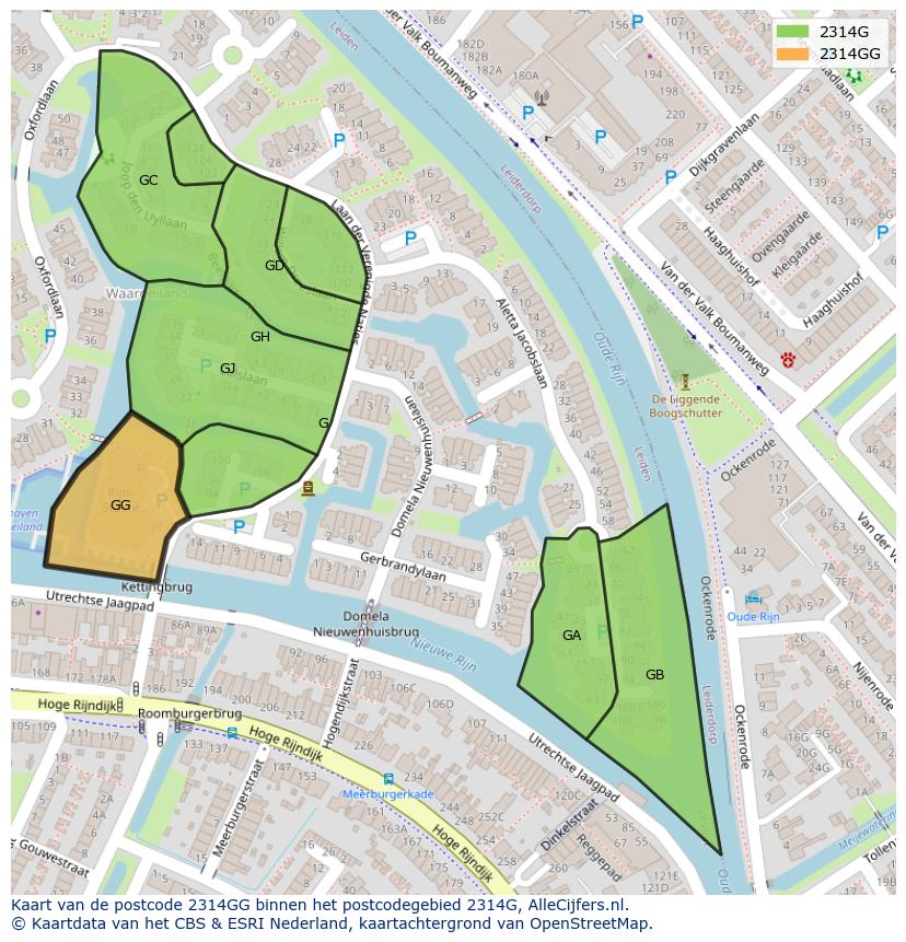 Afbeelding van het postcodegebied 2314 GG op de kaart.