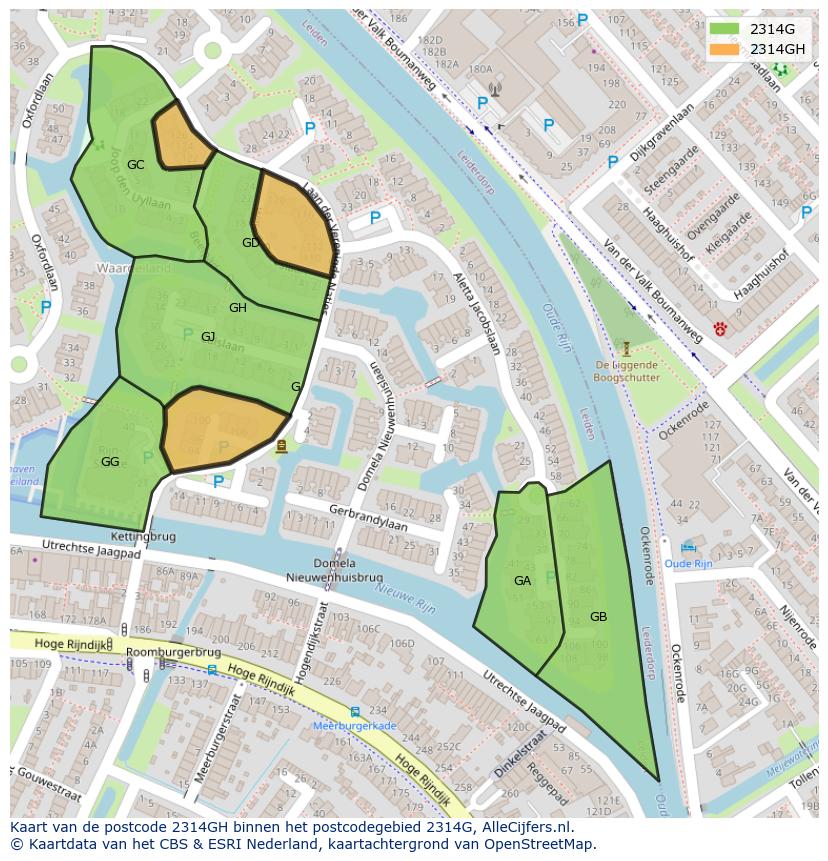 Afbeelding van het postcodegebied 2314 GH op de kaart.