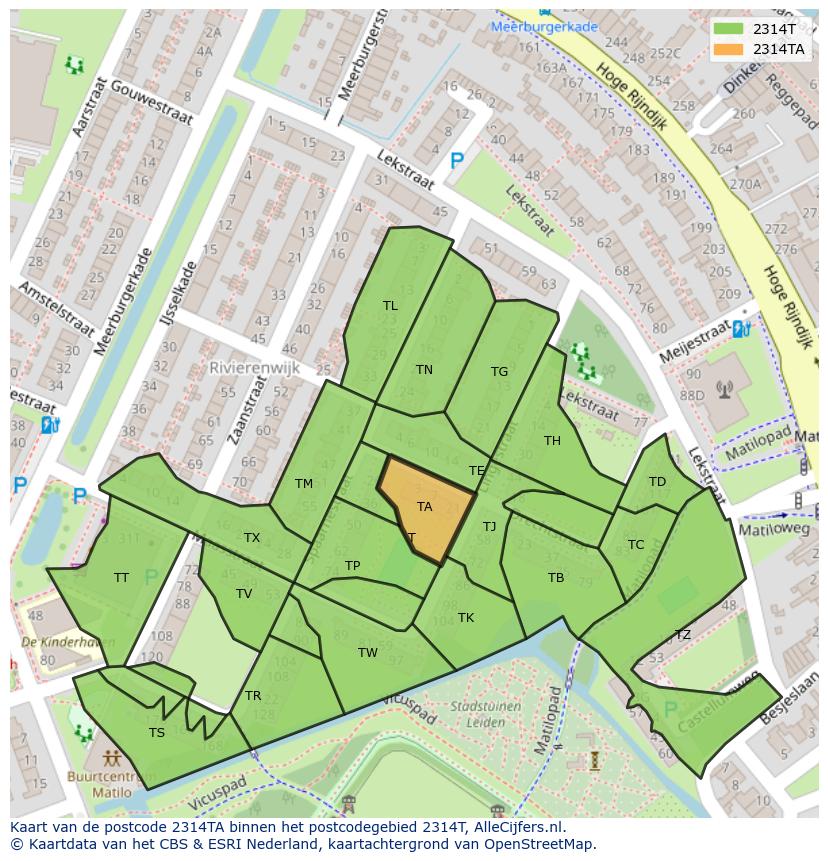 Afbeelding van het postcodegebied 2314 TA op de kaart.