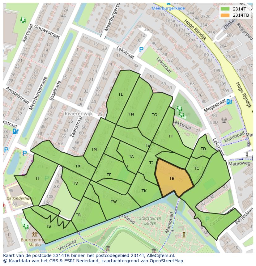 Afbeelding van het postcodegebied 2314 TB op de kaart.