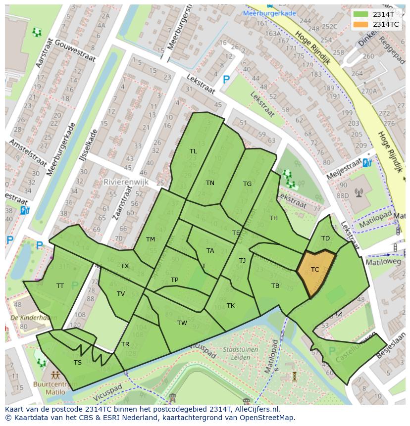 Afbeelding van het postcodegebied 2314 TC op de kaart.
