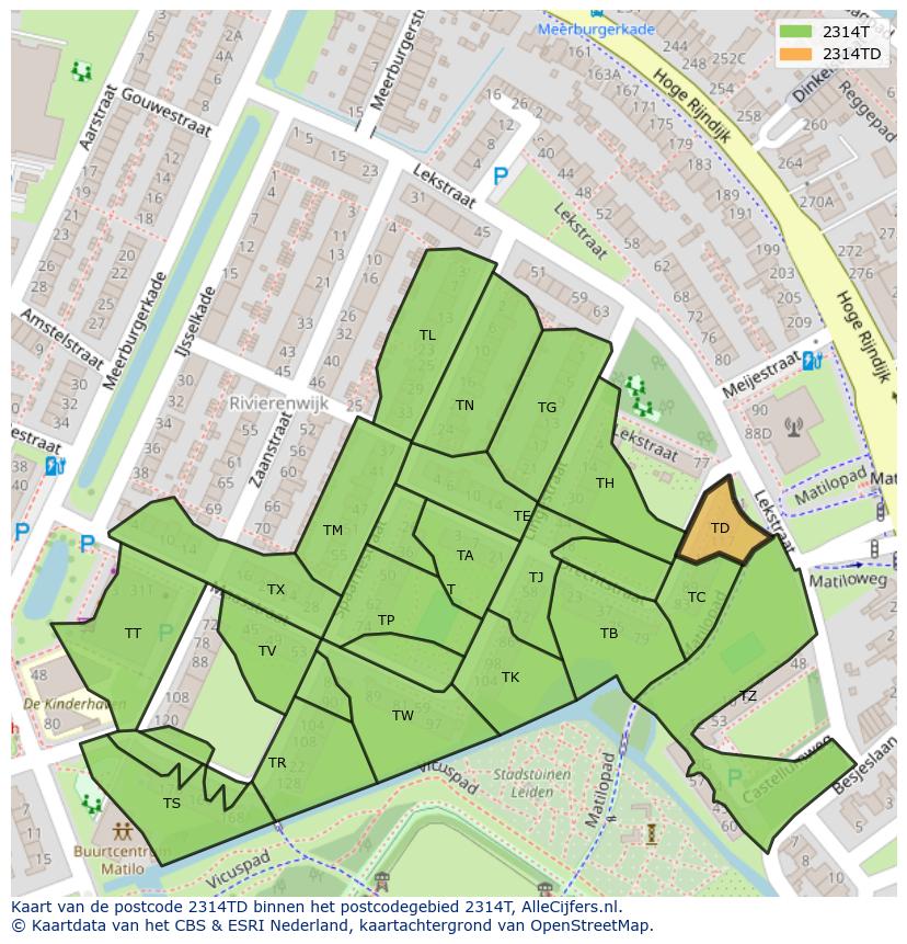 Afbeelding van het postcodegebied 2314 TD op de kaart.